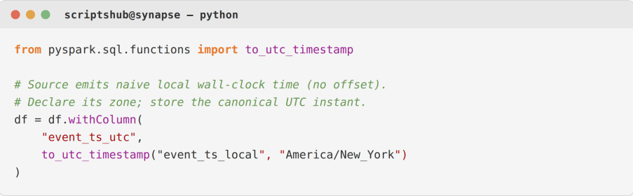 PySpark to_utc_timestamp example converting local timestamps to UTC before storing in Azure Synapse