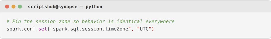 PySpark code setting spark.sql.session.timeZone to UTC for consistent timezone handling across Spark clusters