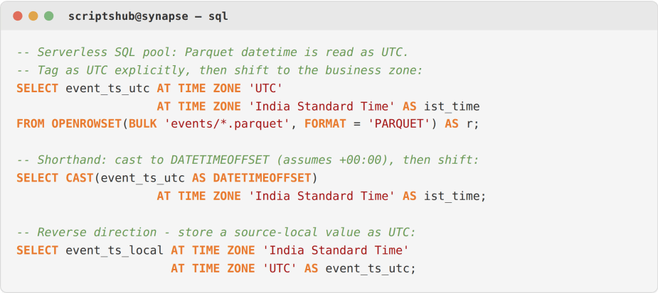 Azure Synapse serverless SQL timezone conversion using AT TIME ZONE to convert UTC and local timestamps