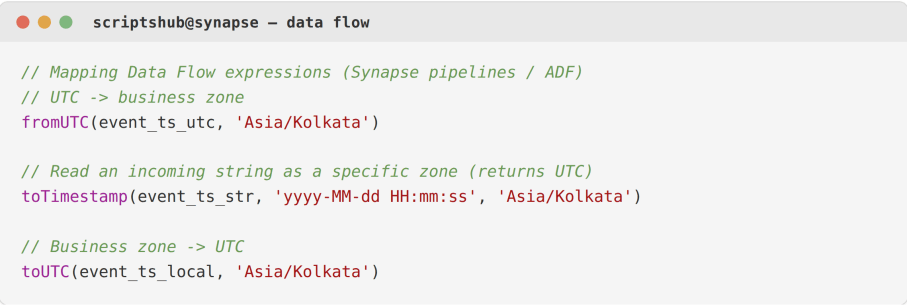 Azure Synapse Mapping Data Flow timezone conversion using fromUTC, toTimestamp, and toUTC expressions