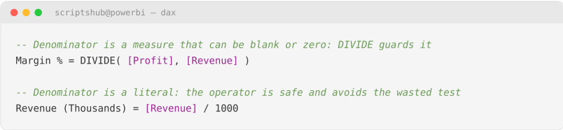 DAX example showing when to use DIVIDE() versus the division operator for better performance