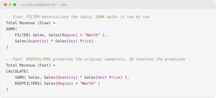 Comparison of FILTER vs CALCULATE with KEEPFILTERS for faster DAX queries and improved report performance