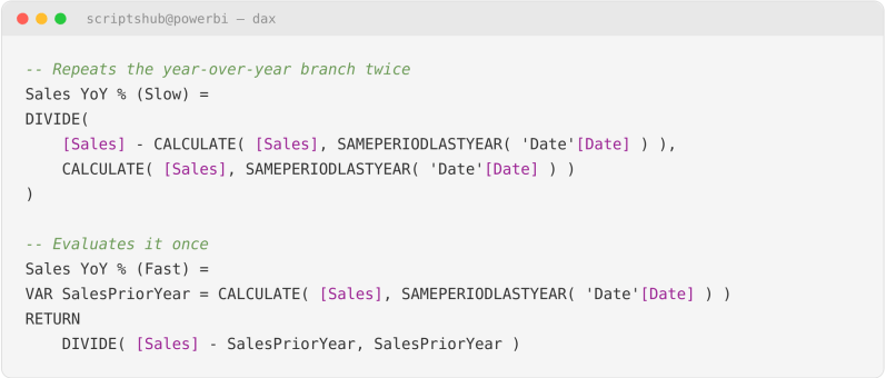 Power Bi Dax Optimization example using VAR to avoid repeated calculations and improve DAX performance