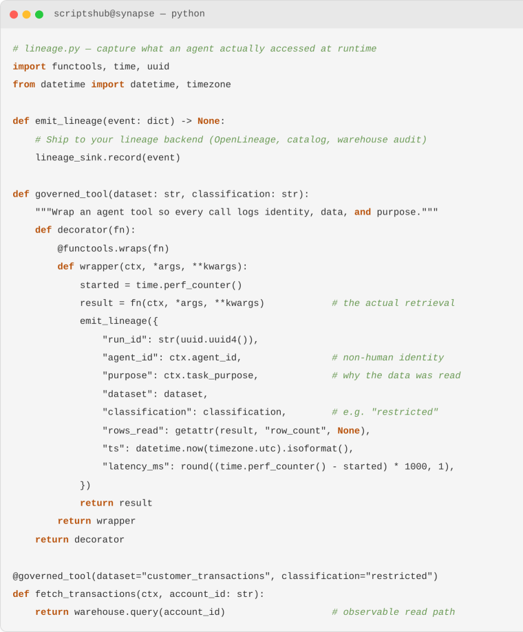 Python code capturing AI agent runtime data lineage for governed access, auditing, and enterprise AI governance.