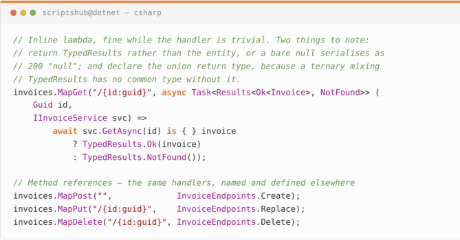 .NET Minimal API CRUD examples using TypedResults, dependency injection, and named endpoint methods.