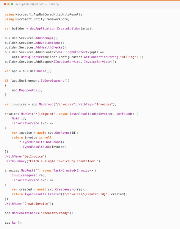 Production-ready .NET 10 Minimal API with OpenAPI, validation, EF Core, health checks, and invoice endpoints.