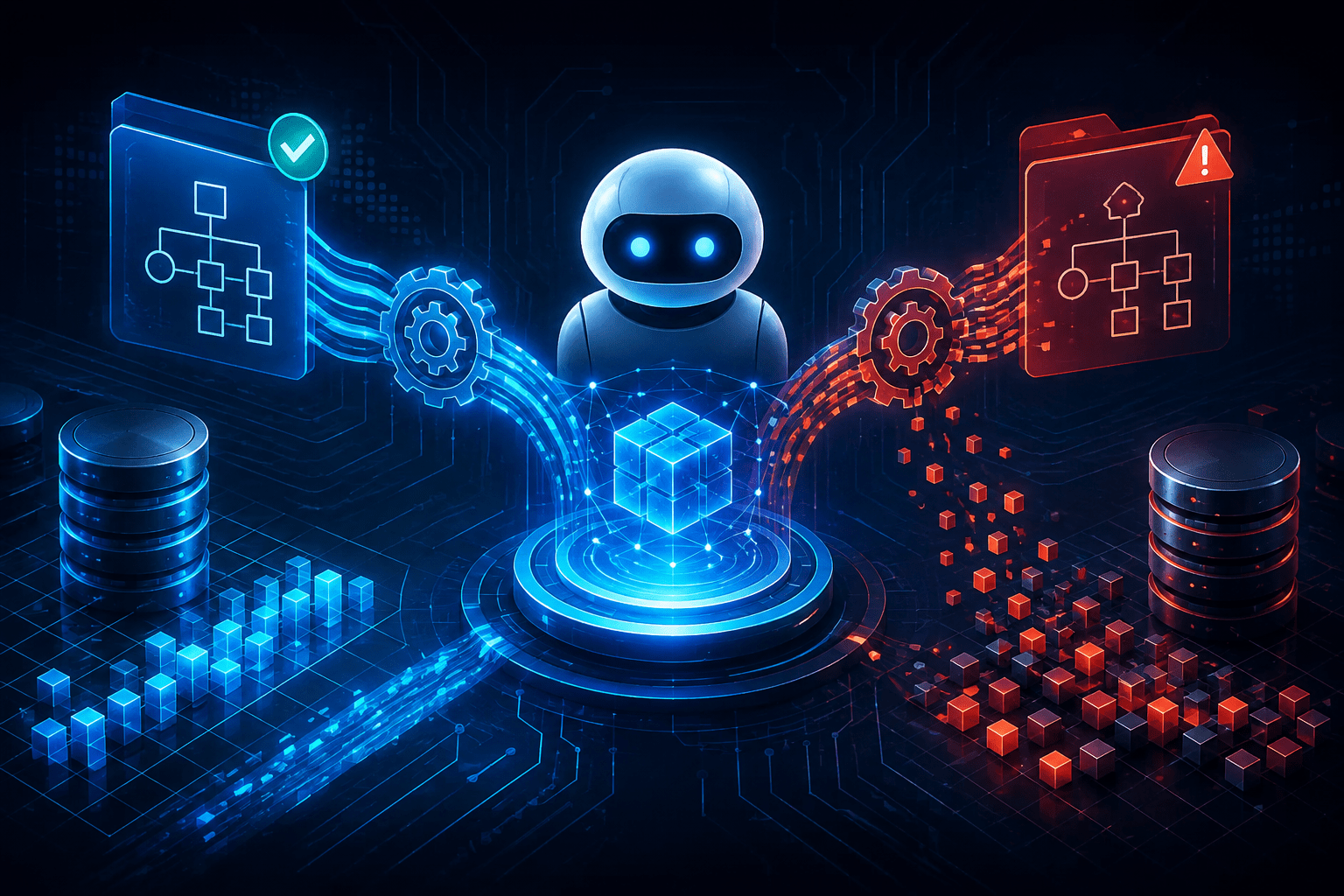 AI tool schema drift causing data loss across automated pipelines, with validated and failed data flows.