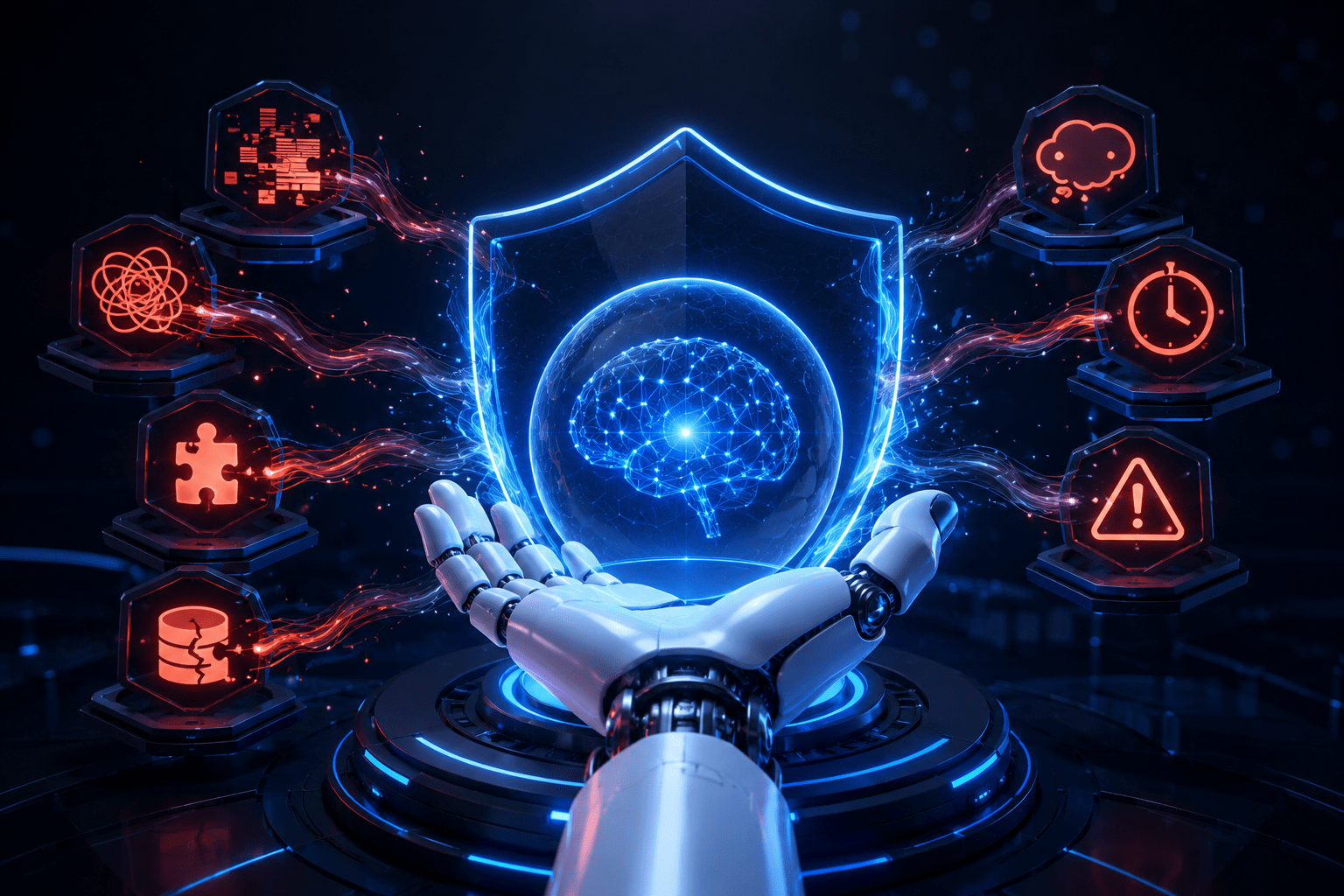AI feature error handling with protected neural network shielding against seven failure modes in a futuristic system interface.