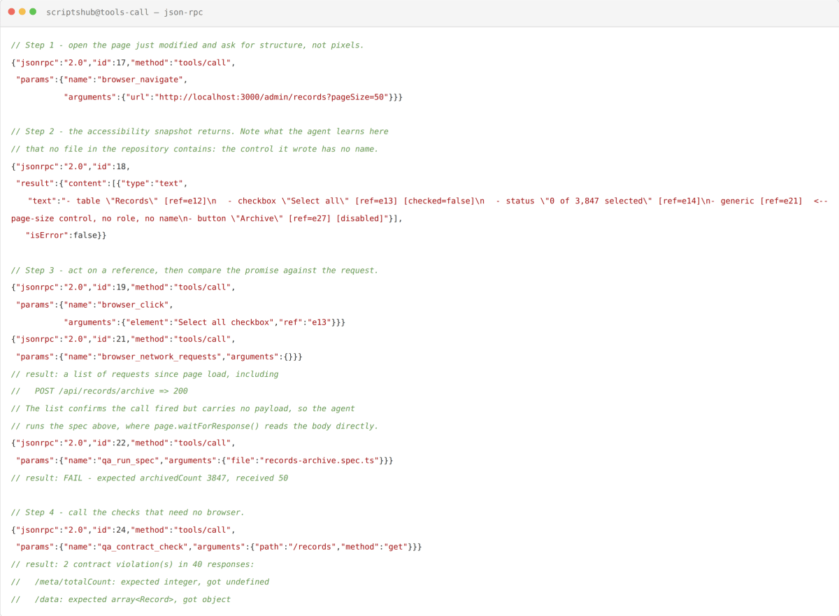 JSON-RPC transcript showing browser testing, network requests, test failures, and API contract violations