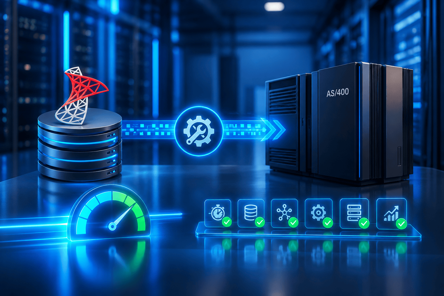 SQL Server linked server connecting SQL Server to AS/400 with optimized data flow and performance monitoring.