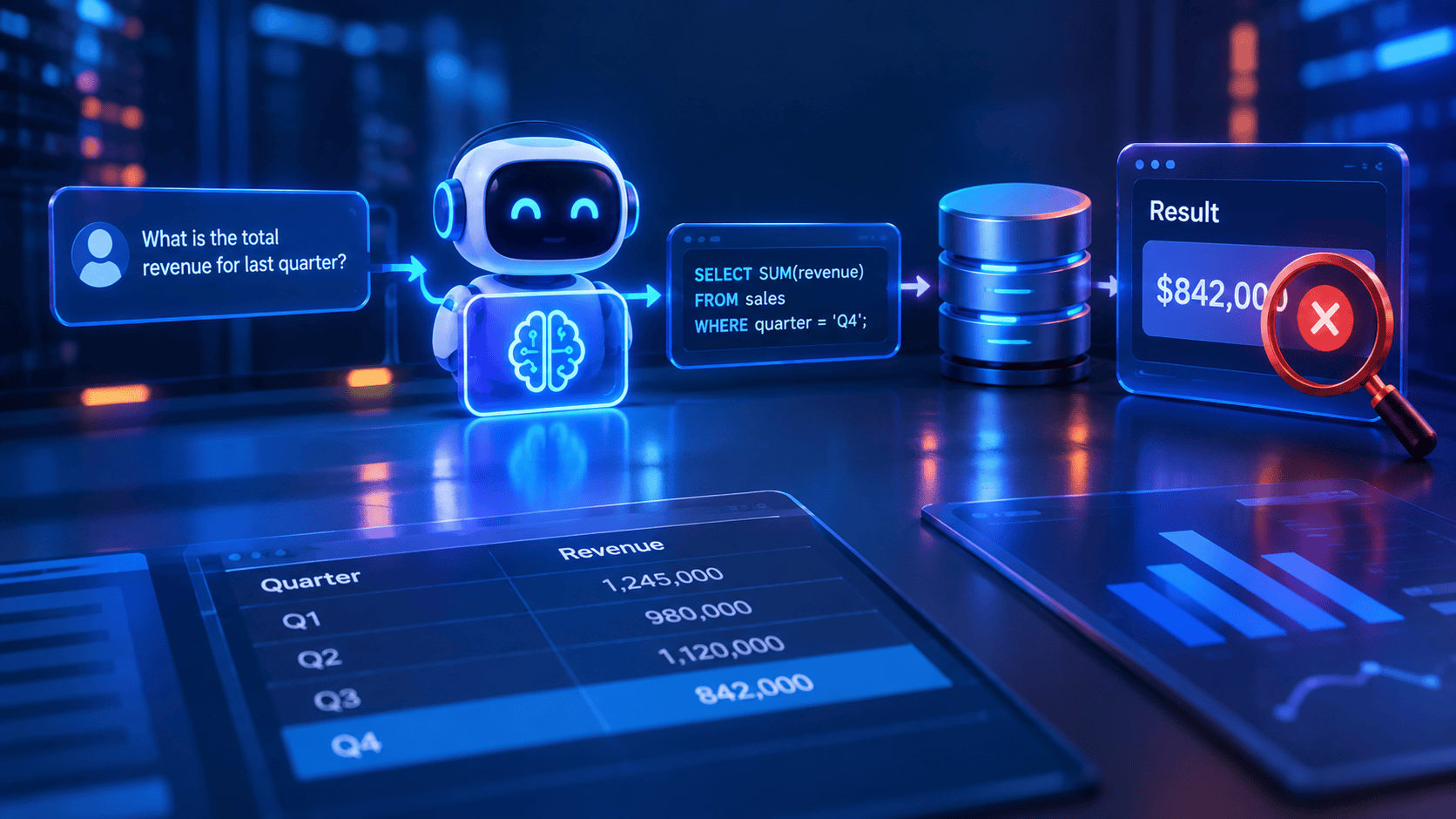 Text-to-SQL hallucinations causing an AI-generated SQL query to return an incorrect revenue result