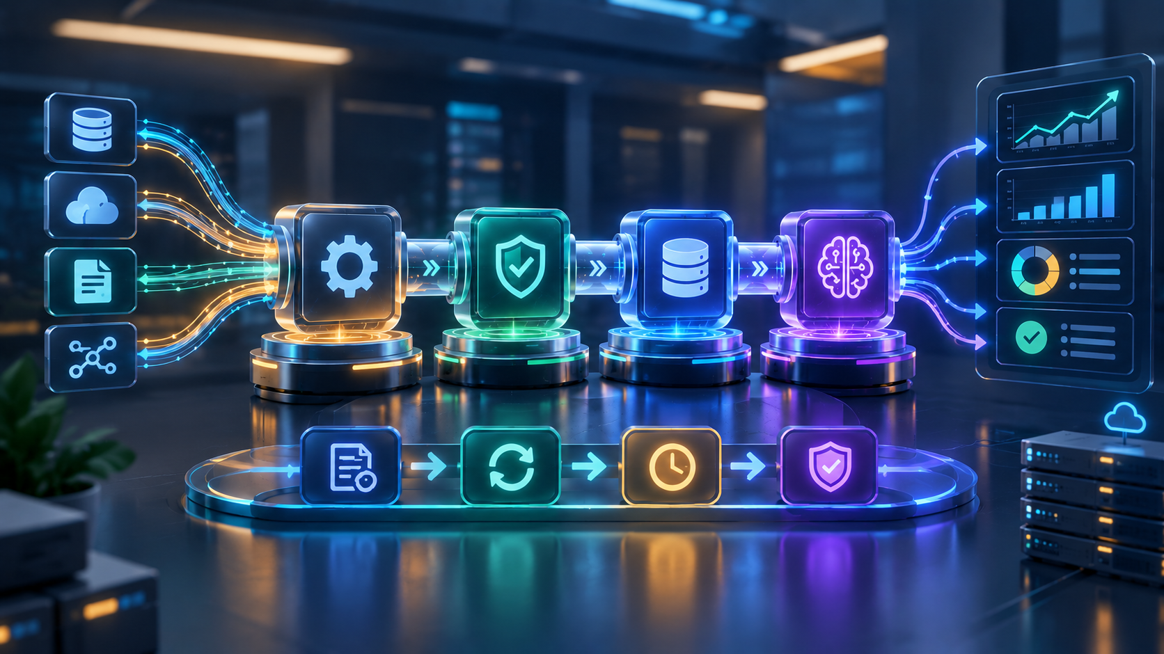 AI data pipeline connecting data sources, validation, storage, AI processing, and analytics dashboards