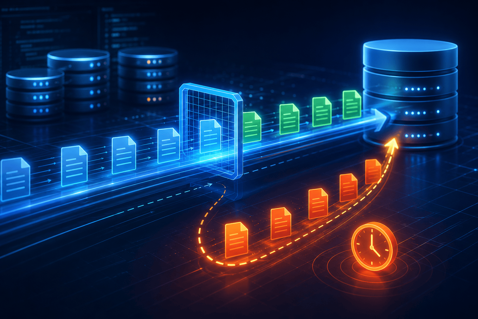 Incremental Loads pipeline showing watermarks, late-arriving data, and delayed records entering a database.