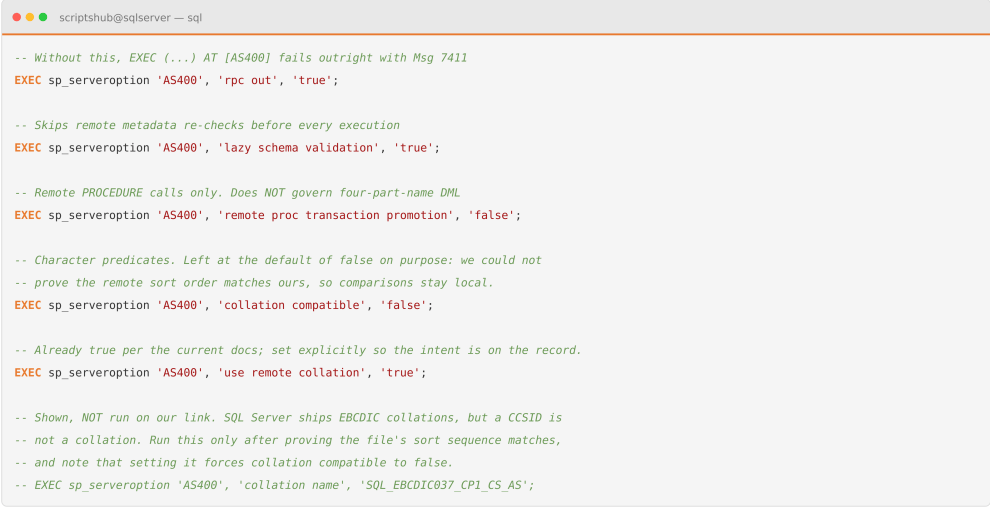SQL Server linked server options configuring RPC out, schema validation, transaction promotion, and collation for IBM i.