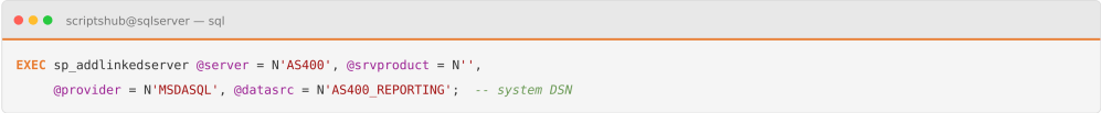 SQL Server linked server configuration using sp_addlinkedserver with MSDASQL and an IBM i ODBC data source.