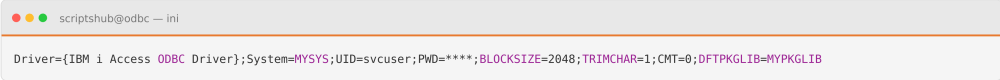 IBM i Access ODBC connection string with BLOCKSIZE, TRIMCHAR, CMT, and package library performance settings.