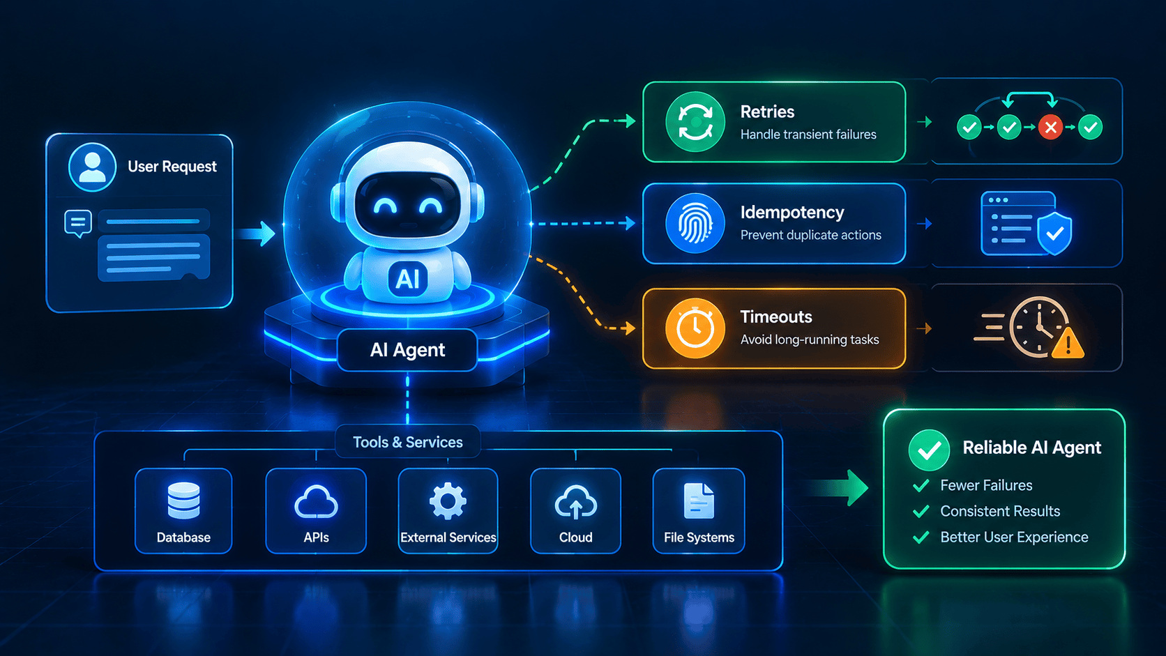AI agent reliability using retries, idempotency, and timeouts to prevent failures and ensure consistent results