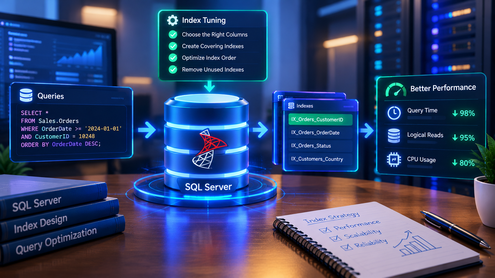 SQL Server index tuning to optimize database queries, reduce logical reads, and improve query performance.