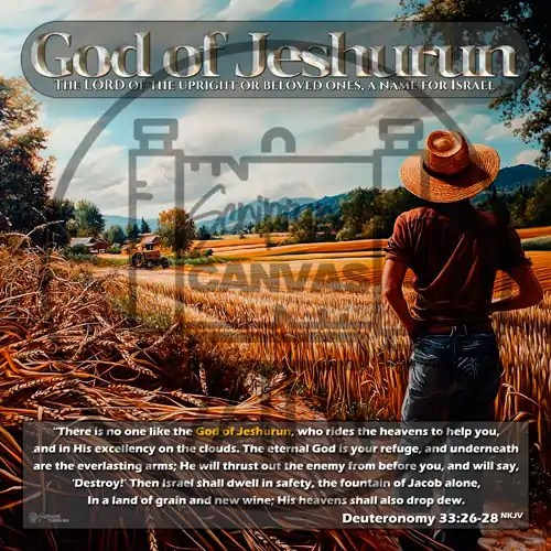 Farmer standing in golden wheat field, representing God of Jeshurun, Lord of the upright ones, symbolizing Israel's provision.