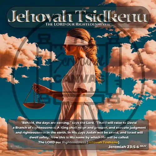 Blindfolded woman holding scales of justice, clouds background, representing Jehovah Tsidkenu (Jeremiah 23:5-6).