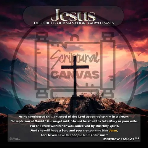 Image of a cross on a hilltop with a sunset, valley, and mountains. Represents Jesus, our Lord and Savior, named in Matthew 1:20-21.