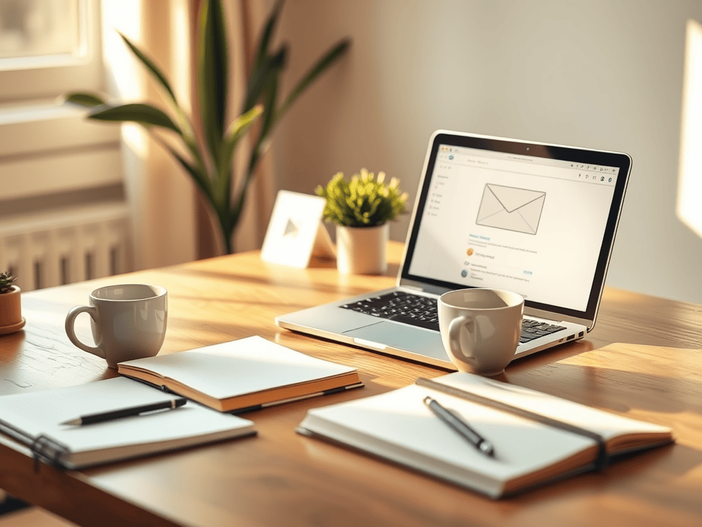 A cozy desk setup featuring a laptop with an email interface opened, two cups, notebooks, a pen, and a small potted plant, illuminated by natural light.