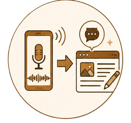 Illustration, die den Prozess der Voice-to-Content App zeigt: Ein Pfeil verdeutlicht, wie eine Sprachaufnahme am Smartphone in einen strukturierten Text mit Bildern umgewandelt wird – die Funktionsweise des mobilen Schreibstudios.
