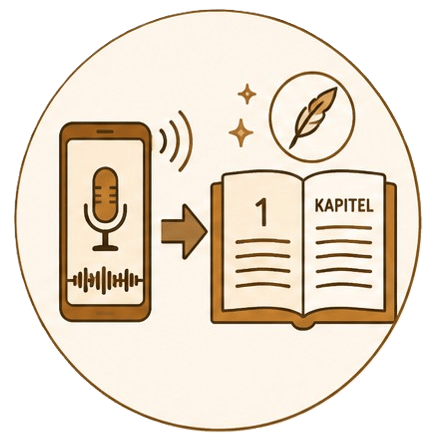 Illustration eines Prozesses: Ein Pfeil führt von einem Smartphone mit aktiver Sprachaufnahme zu einem aufgeschlagenen Buch mit der Aufschrift '1 KAPITEL' und einer klassischen Schreibfeder. Die Grafik zeigt, wie der KI Textgenerator gesprochene Worte automatisch in fertige Buchkapitel verwandelt.