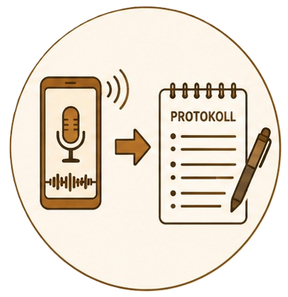 Illustration eines Prozesses: Ein Pfeil führt von einem Smartphone mit aktiver Sprachaufnahme zu einem Notizblock mit der Aufschrift 'PROTOKOLL' und einer Aufzählungsliste. Die Grafik zeigt, wie der KI Textgenerator gesprochene Worte automatisch in strukturierte Meeting-Protokolle verwandelt.