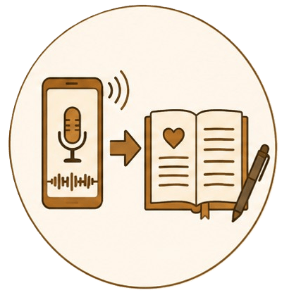 Illustration eines Prozesses: Ein Pfeil führt von einem Smartphone mit aktiver Sprachaufnahme zu einem aufgeschlagenen Buch mit einem Herzsymbol und einem Stift. Die Grafik zeigt, wie der KI-Schreibassistent gesprochene Worte in emotionale Texte oder Buchkapitel verwandelt.