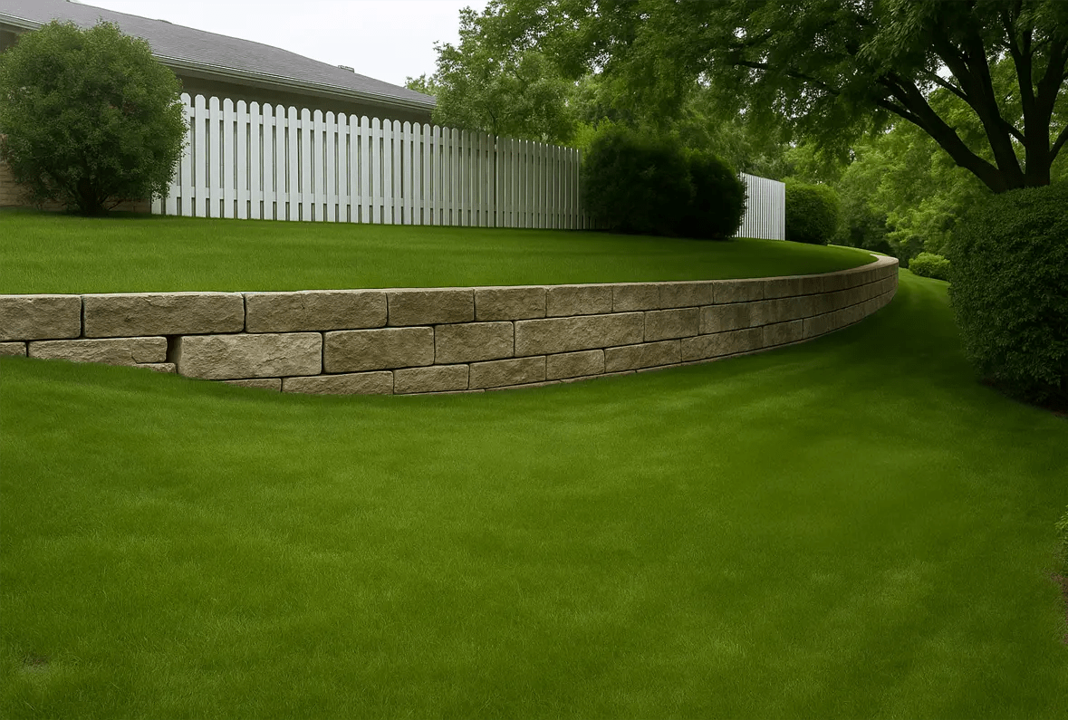 Curved retaining wall made of tan stone blocks in a landscaped backyard with lush green grass and white picket fence