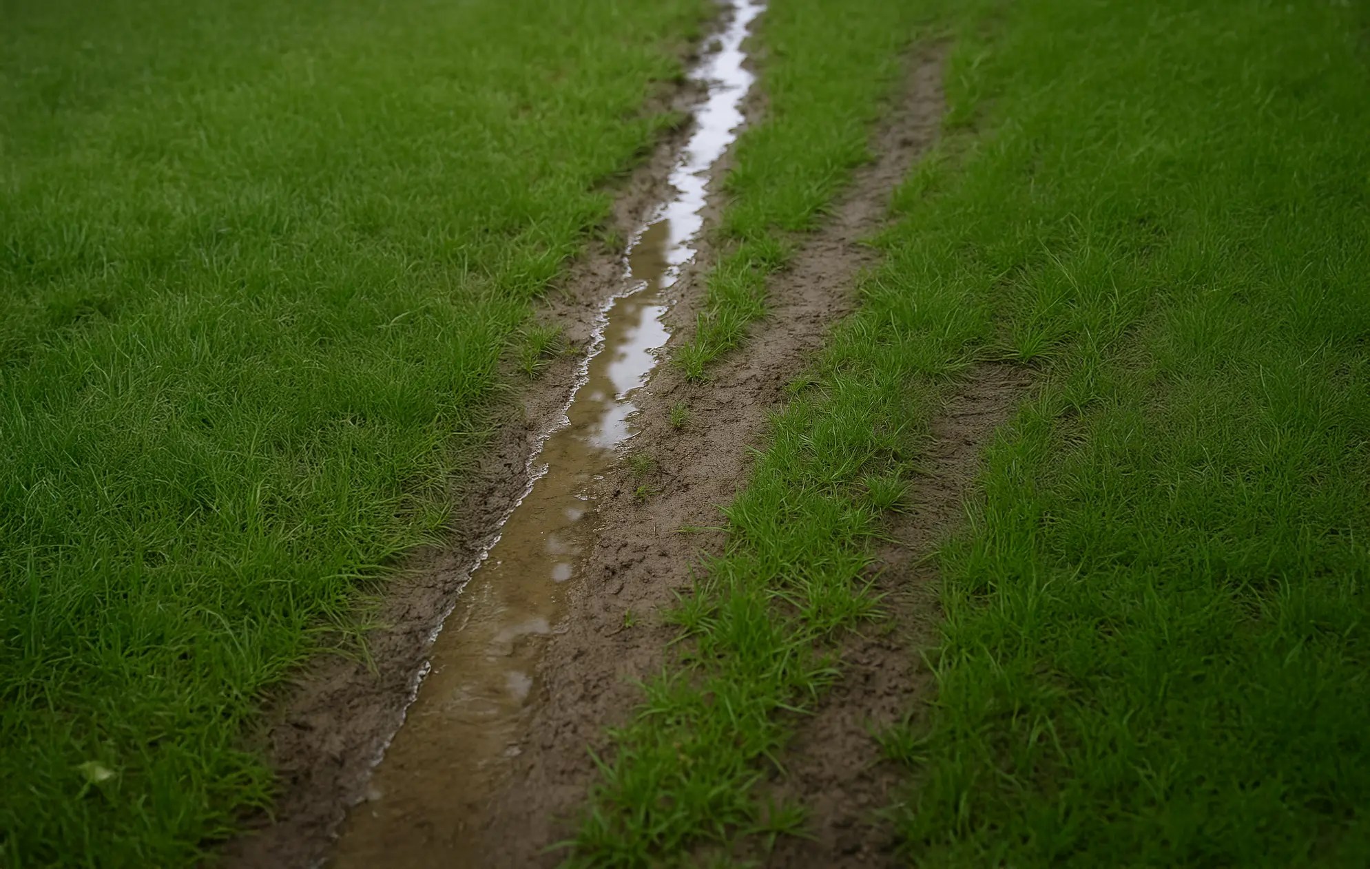 Close-up of a muddy lawn with water pooling in a drainage rut between patches of grass.