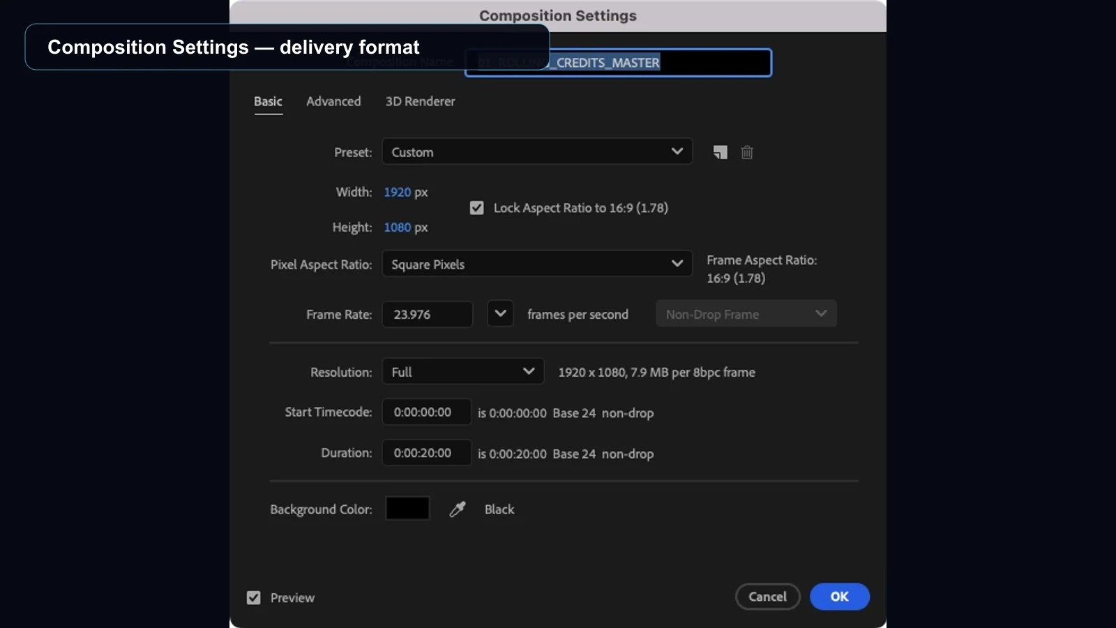 After Effects Composition Settings showing 1920 by 1080, 23.976 fps, and a 20-second duration