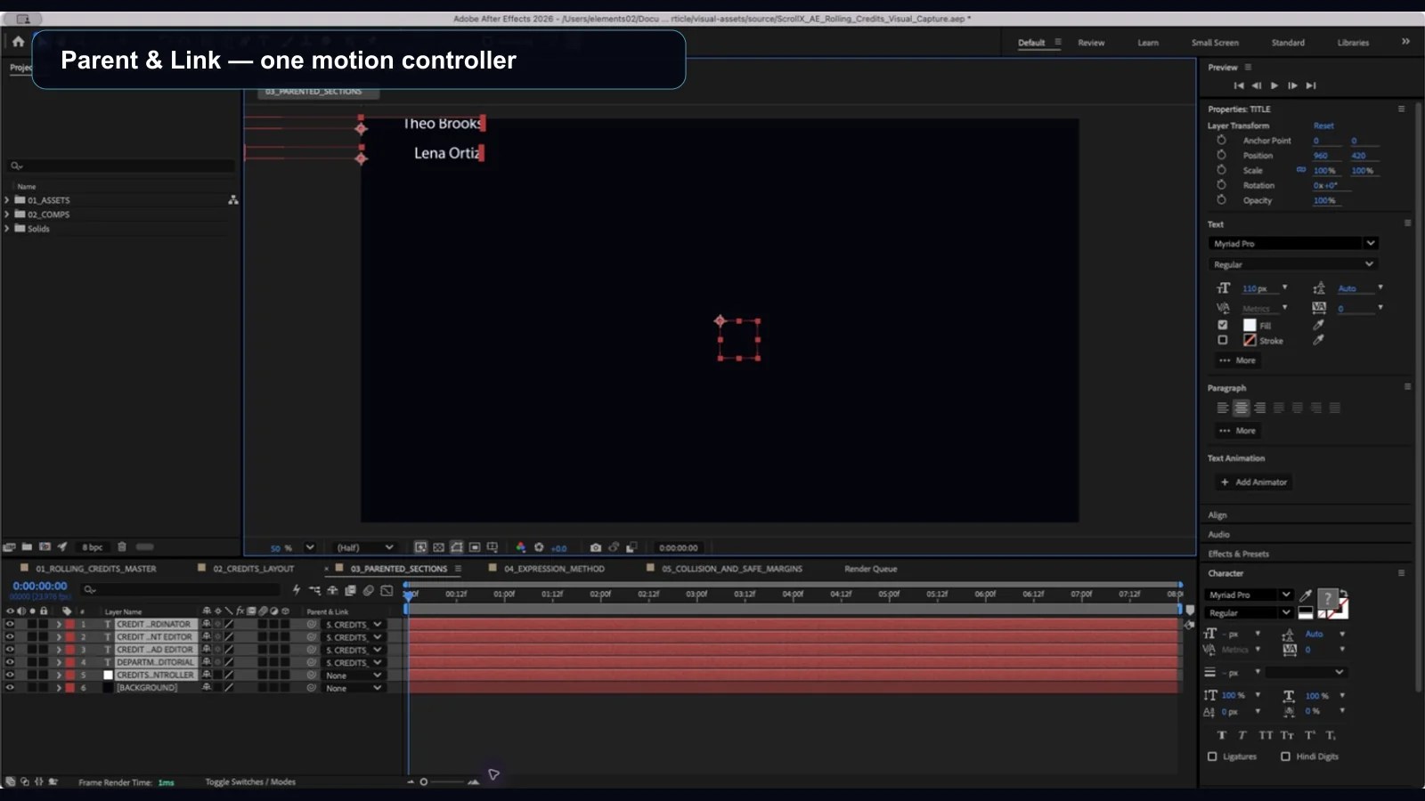 After Effects credit layers parented to one null motion controller