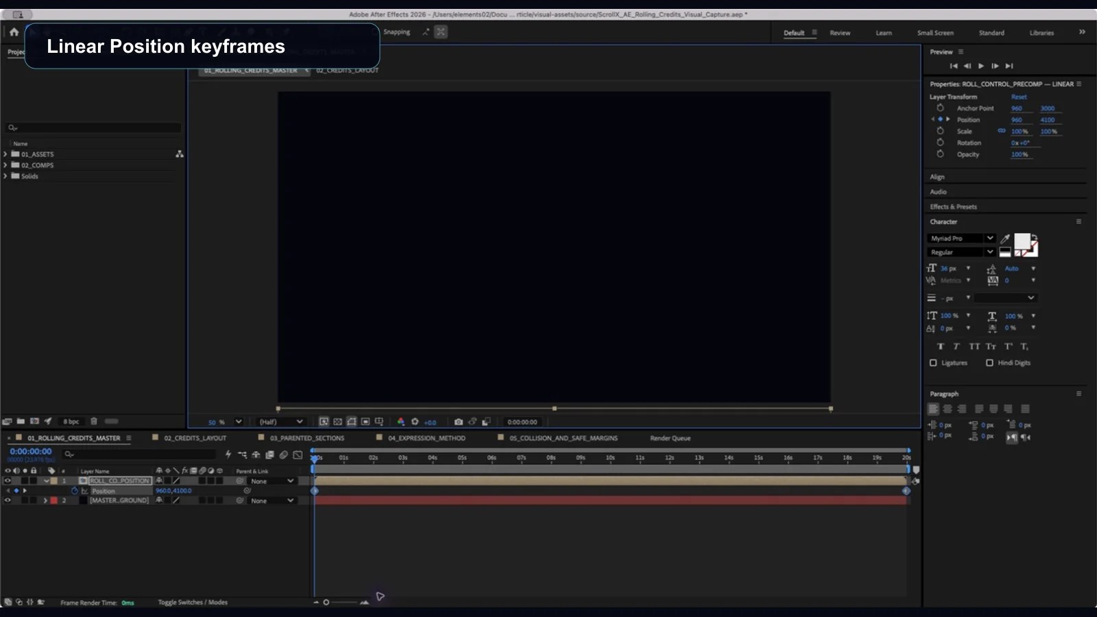 After Effects Timeline showing the Position keyframes used for a linear credit roll