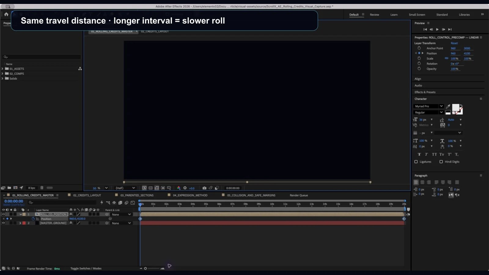 After Effects Timeline illustrating how the keyframe interval controls rolling-credit speed