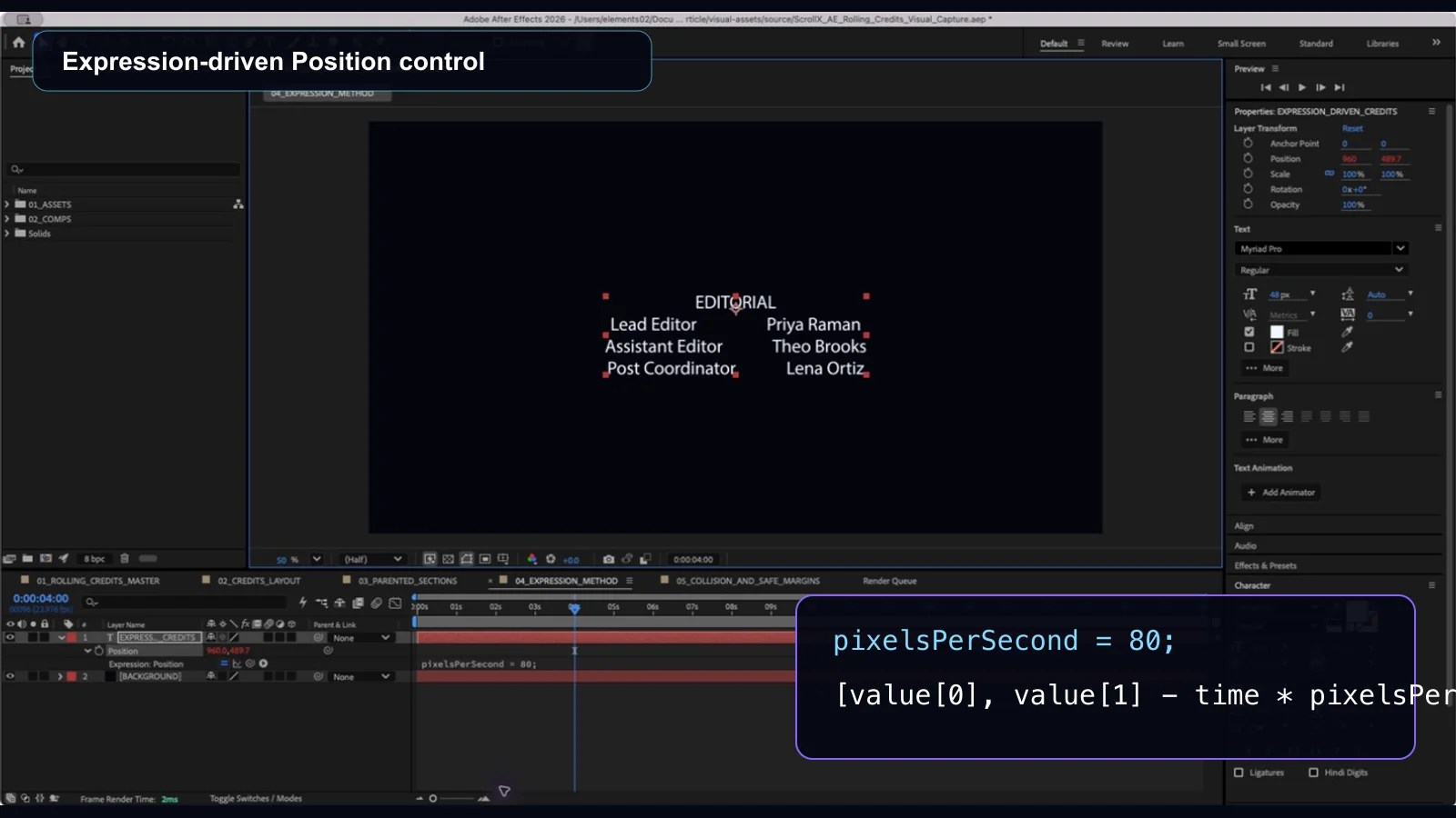 After Effects expression-driven credit roll with a reviewed pixels-per-second Position expression