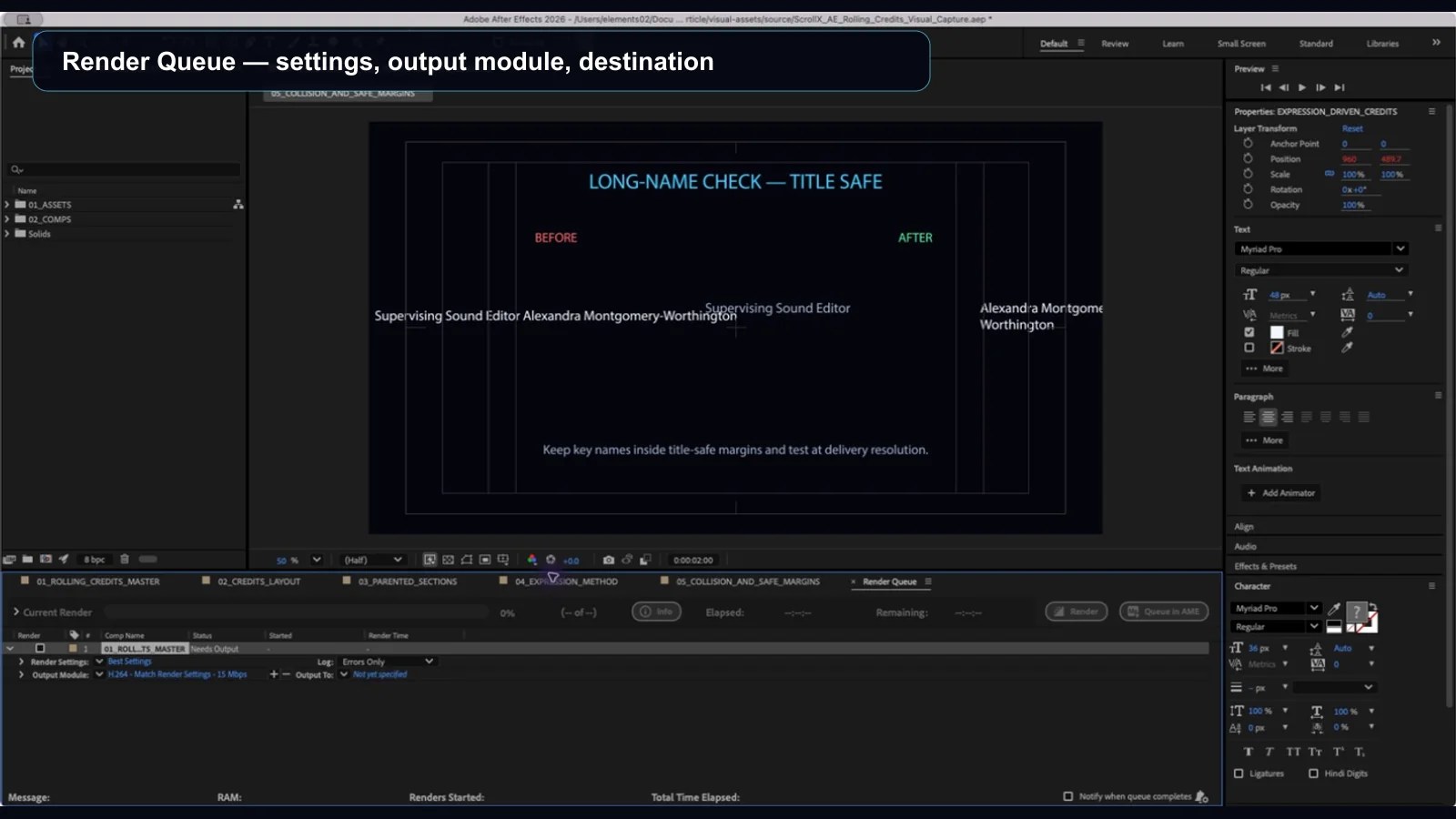 After Effects Render Queue with render settings, output module, and destination controls