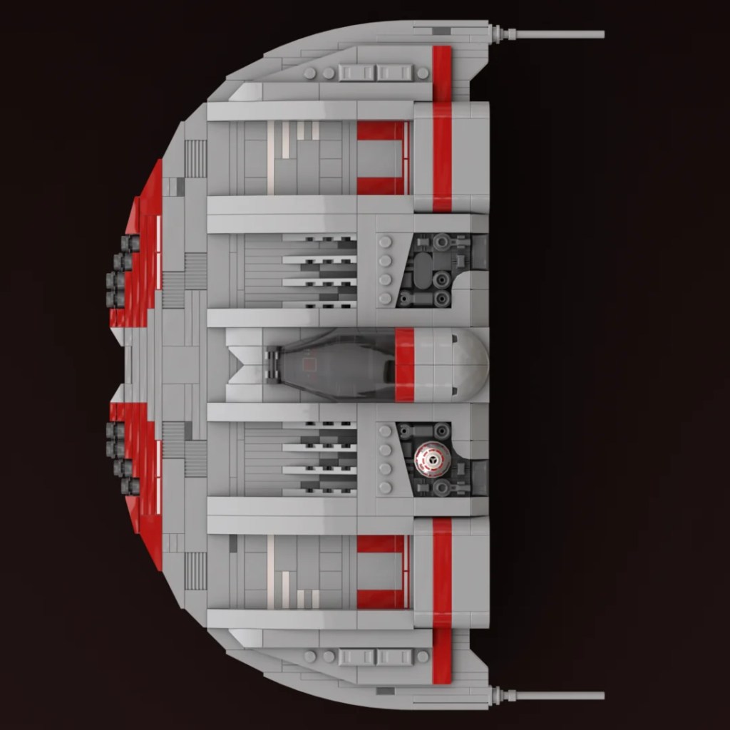 ScruffyBrickHerder D-Wing MOC proportion began with the width defined by a specific LEGO cockpit canopy part