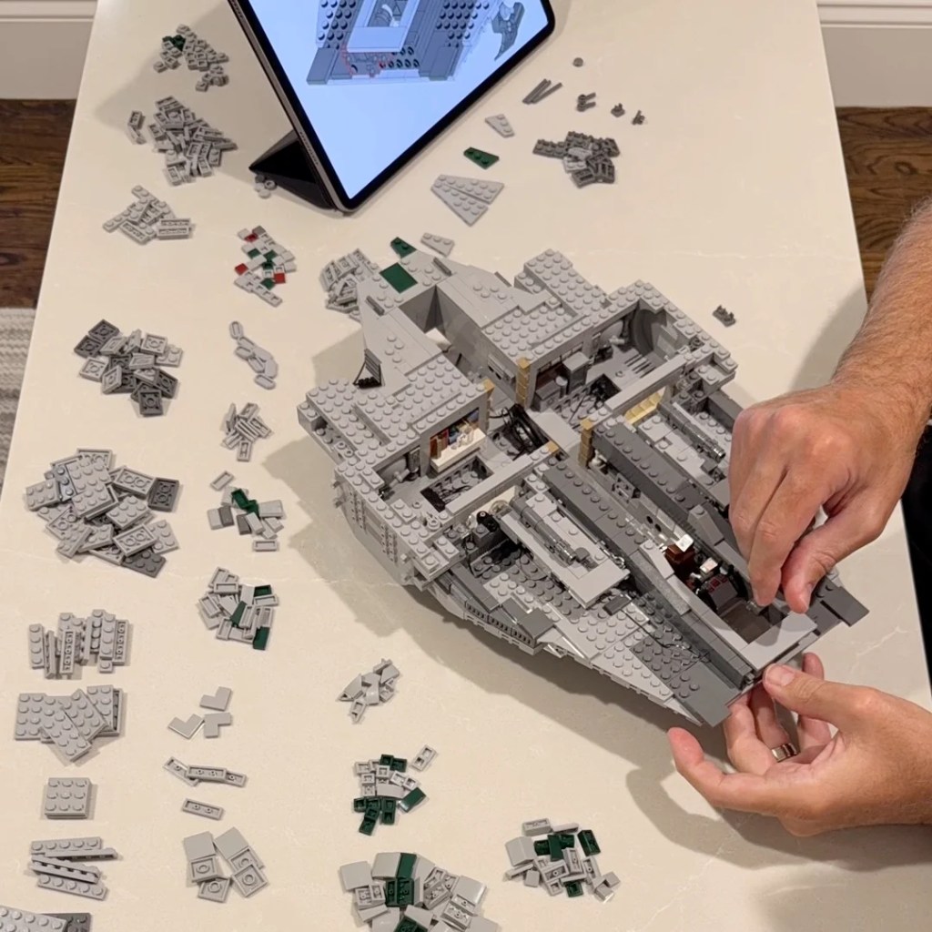 Every ScruffyBrickherder MOC is physically test-built, here's the UCS D-85 Freighter mid-build