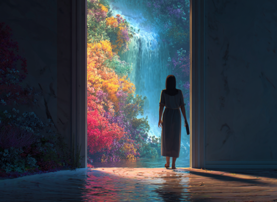 woman walking out of a door into a beautiful waterfall with flowers