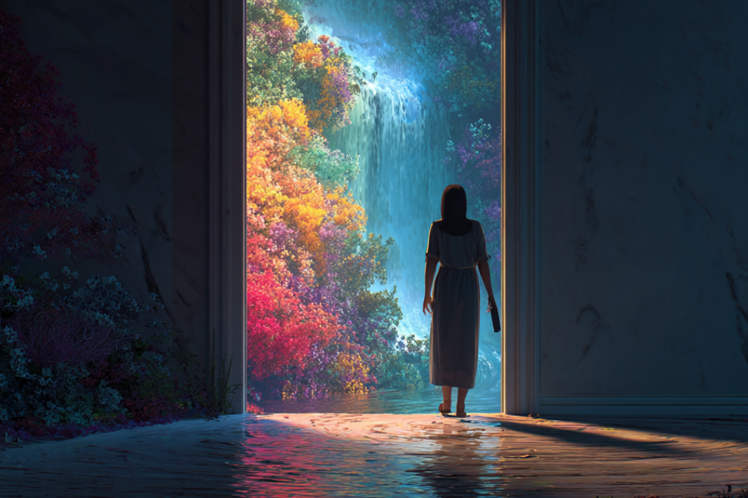 woman walking out of a door into a beautiful waterfall with flowers