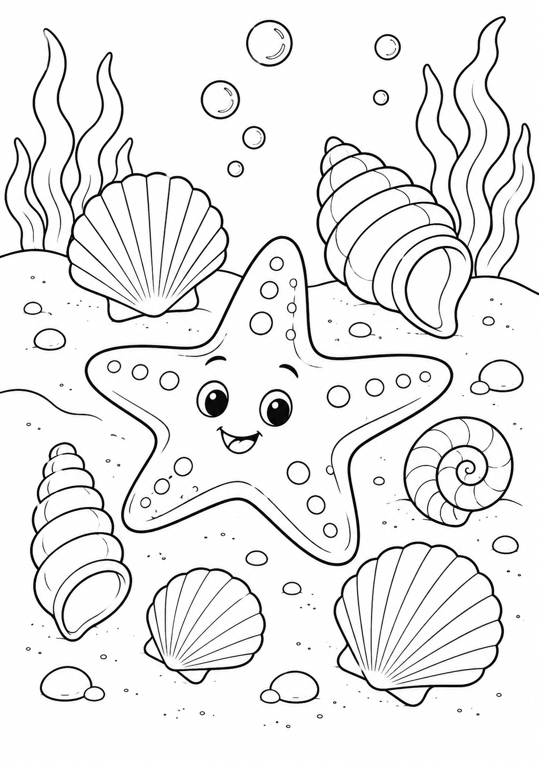 Happy starfish and seashells coloring page