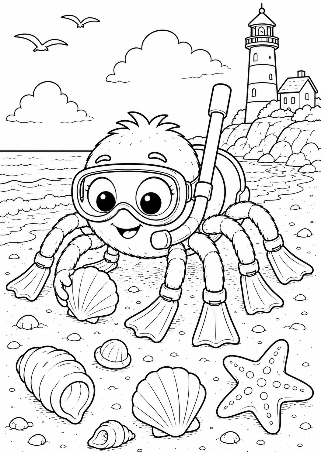 Scubaspider coloring page on the beach