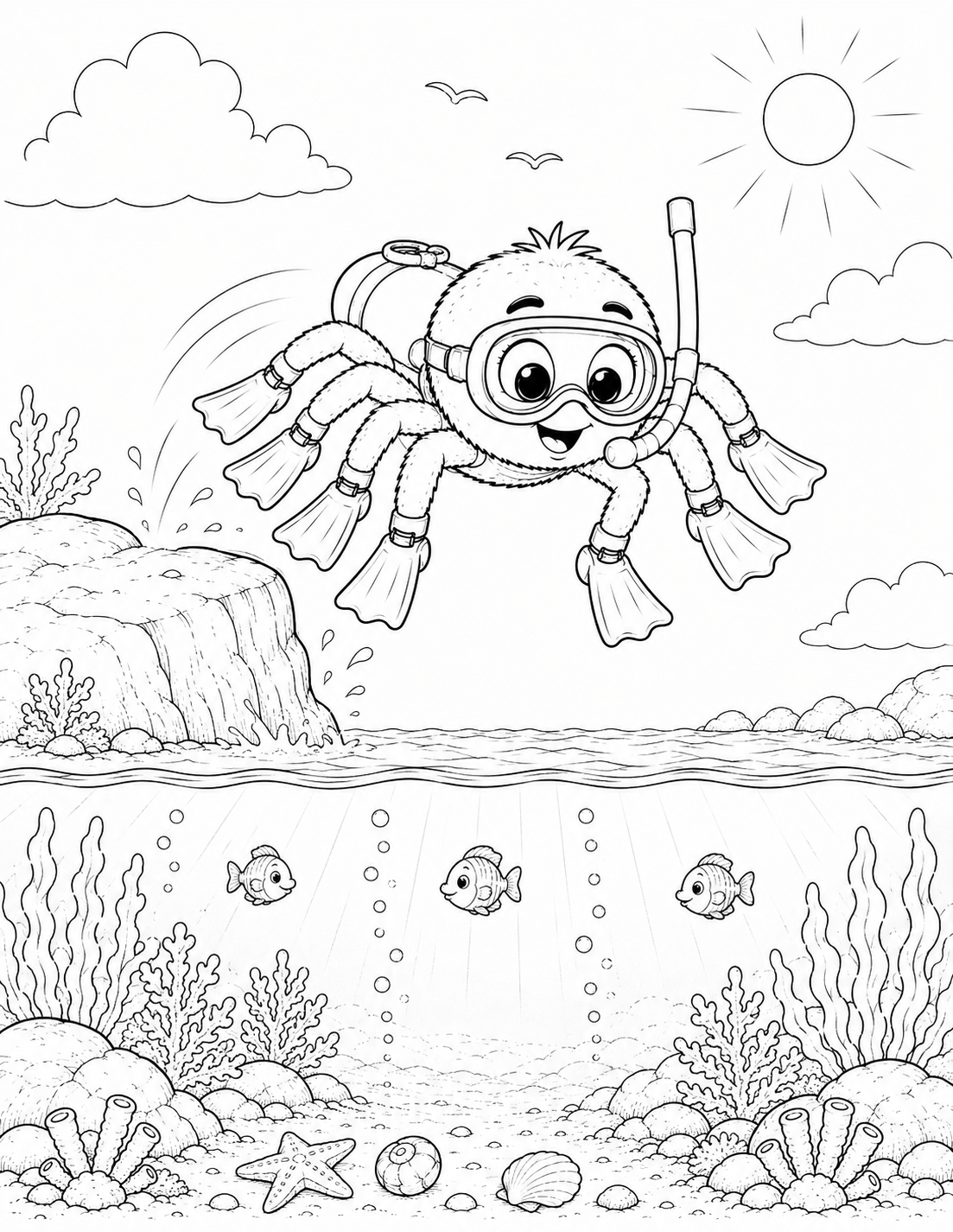 Scubaspider jumping into the water coloring page