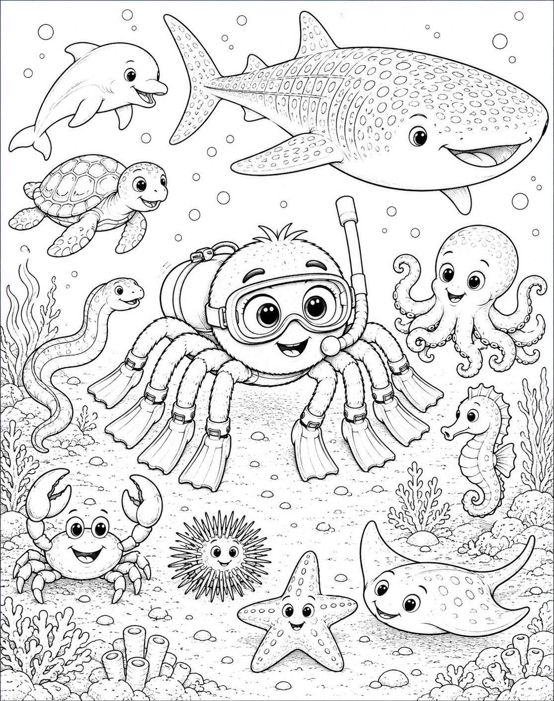 Scubaspider and ocean friends coloring page