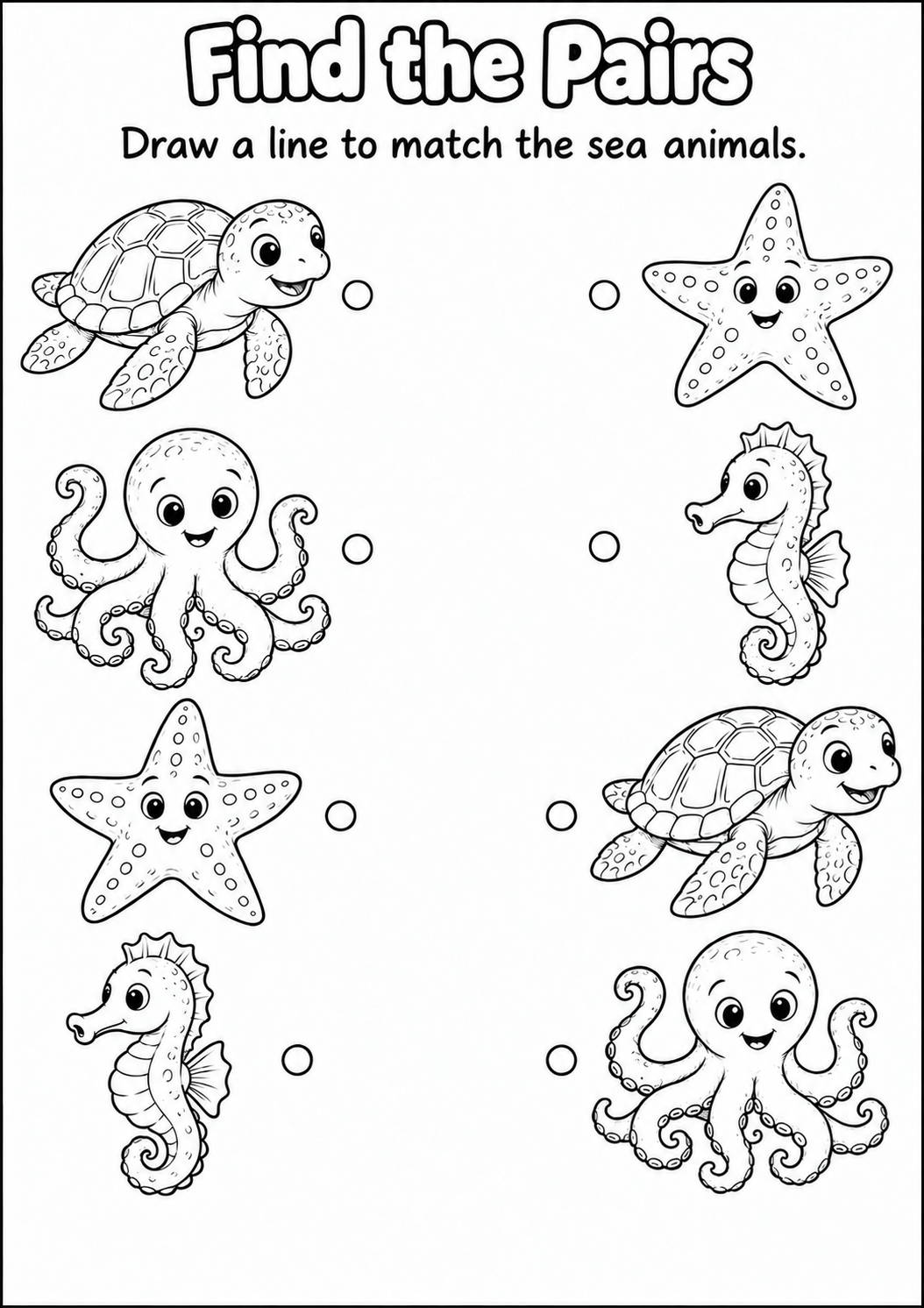 Find the matching pairs of sea turtles, octopuses, starfish and seahorses