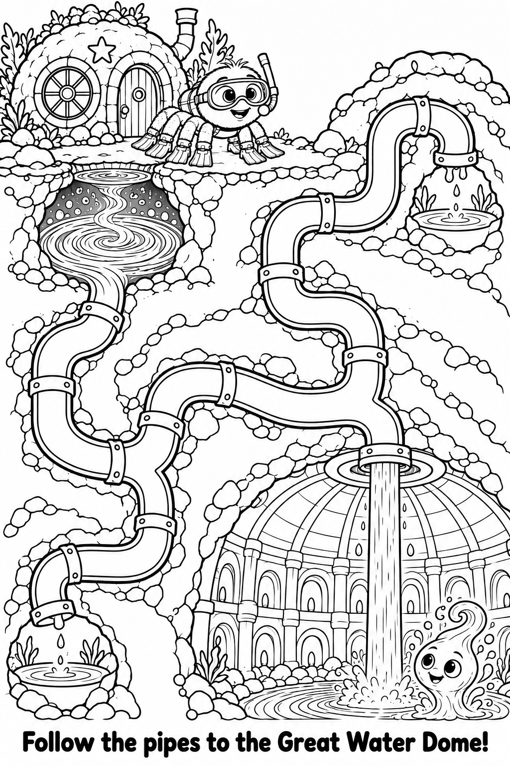 Follow Scuba's pipe route from the Great Whirlpool to the Great Water Dome