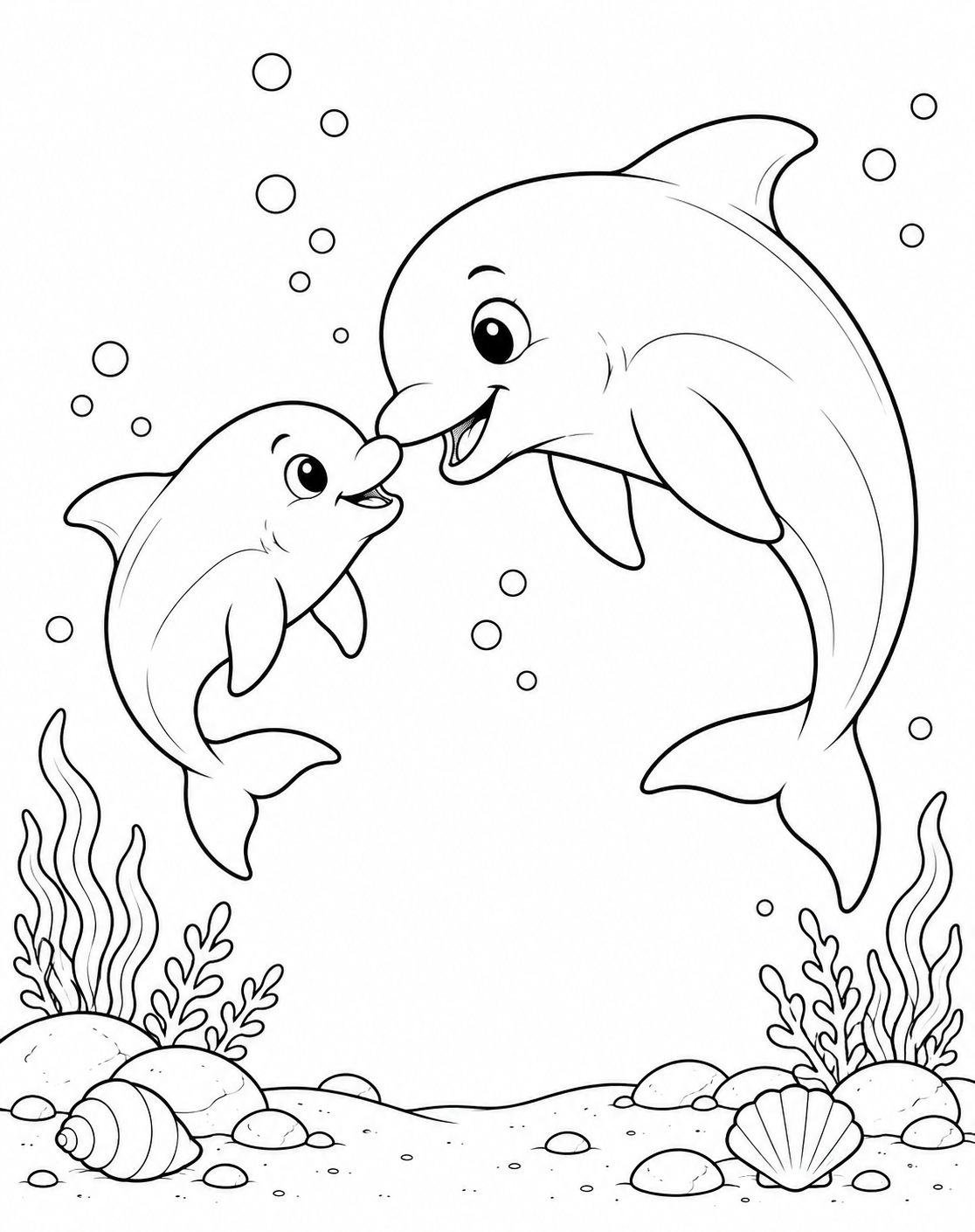 A dolphin parent and calf touching noses coloring page