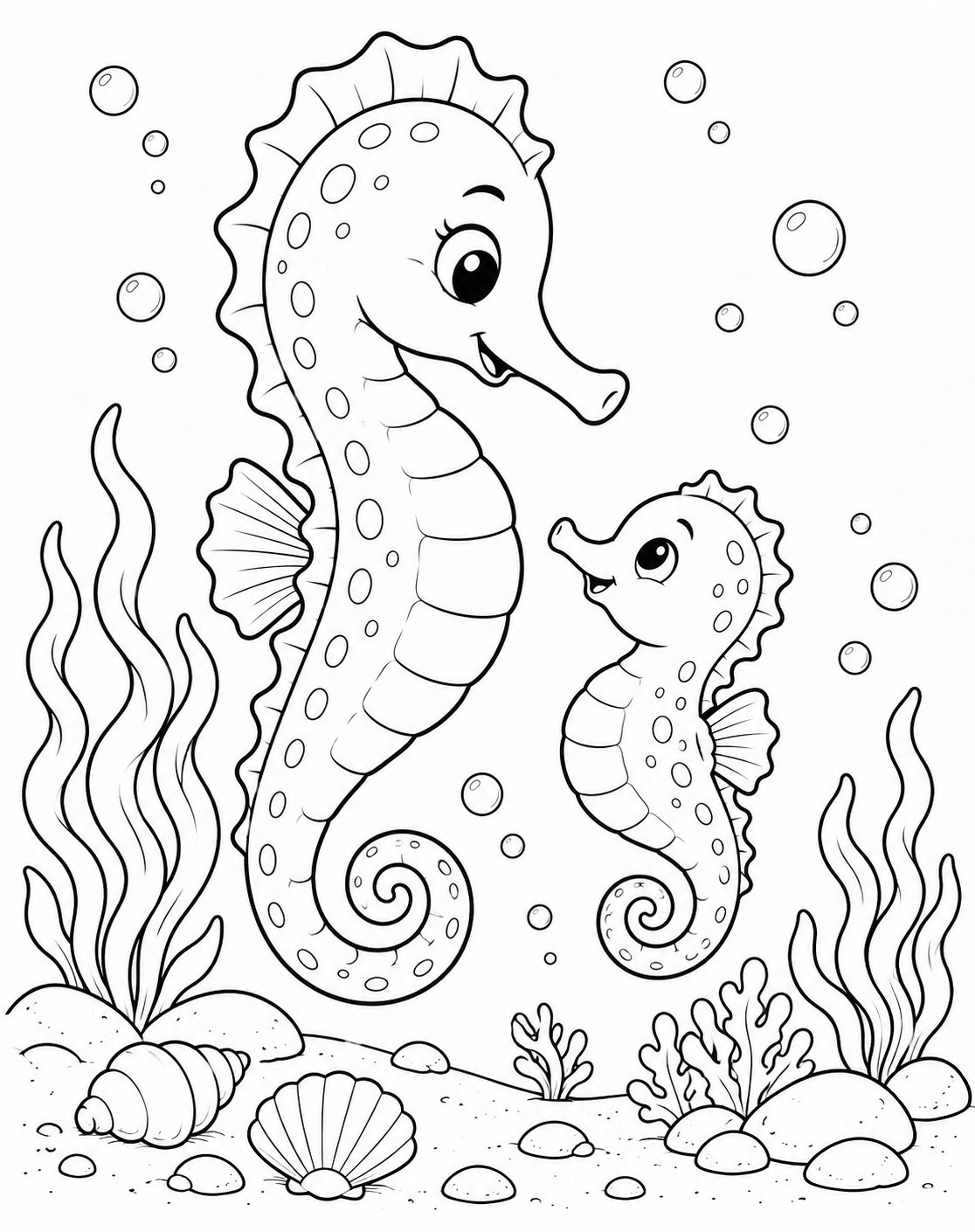 A seahorse parent and baby facing each other coloring page